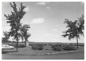 Garrison Concourse Historic Rest Area central island, with benches and cars visible