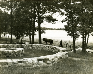 Construction workers and horses, Pine-Hickory Lakes Roadside Parking Area